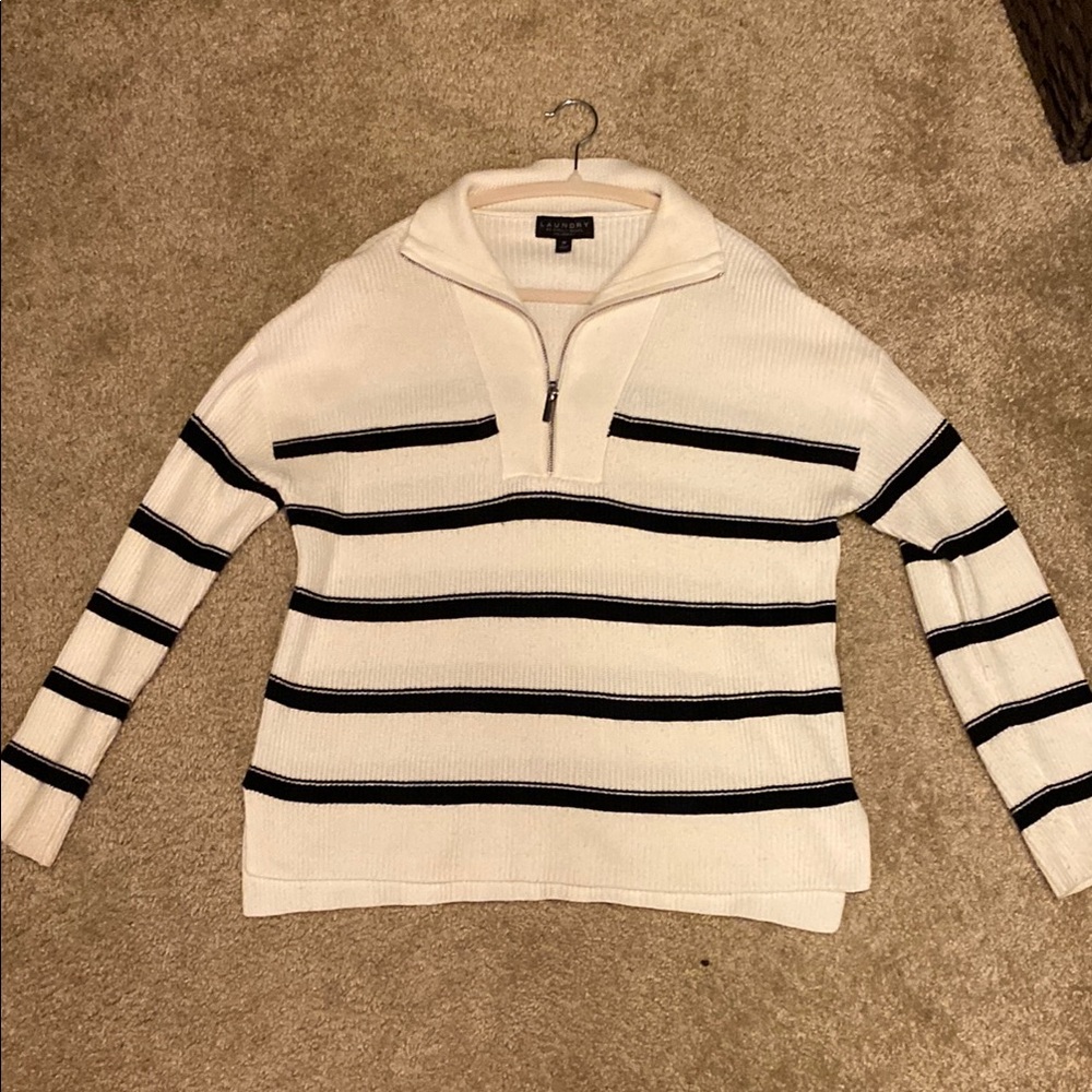 Women's Quarter Zip Sweater - Cream and Black Stripes